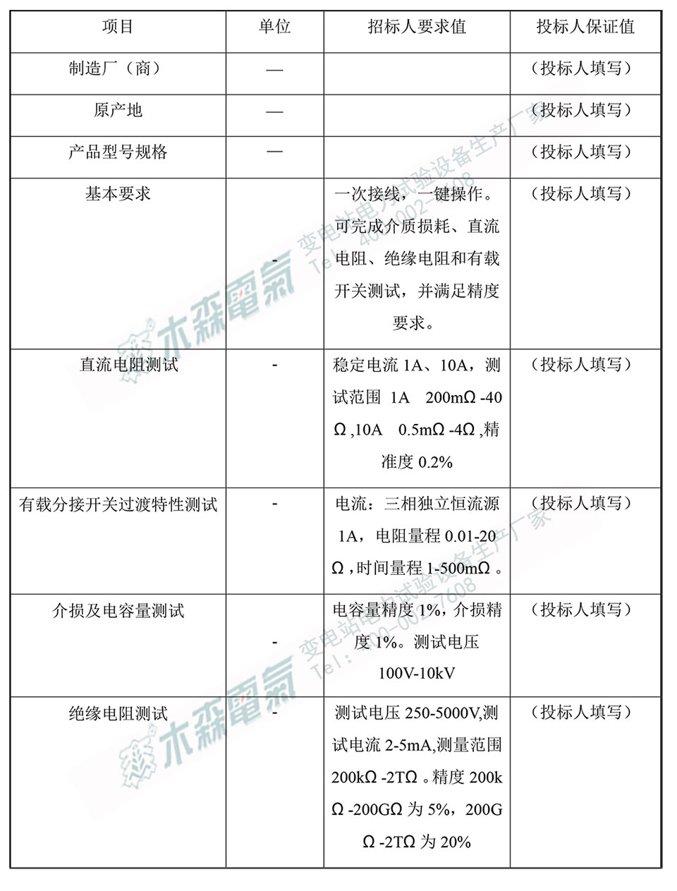 電力變壓器自動檢測規(guī)范書響應表技術